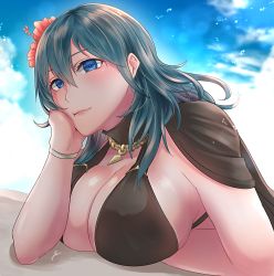 Rule 34 | 1girl, :t, bikini, black capelet, blue eyes, blue hair, blue sky, blush, breast rest, breasts, byleth (female) (fire emblem), byleth (female) (summer) (fire emblem), byleth (fire emblem), capelet, cleavage, closed mouth, cloud, commentary request, day, fire emblem, fire emblem: three houses, fire emblem heroes, flower, hair between eyes, hair flower, hair ornament, head rest, highres, large breasts, long hair, looking at viewer, nintendo, official alternate costume, ribbon, sidelocks, signature, sitting, sky, solo, swimsuit, upper body, wrist ribbon, yori (a a yori)