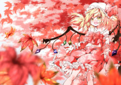 Rule 34 | 1girl, alternate wings, autumn, autumn leaves, blonde hair, blush, bow, bowtie, female focus, flandre scarlet, frills, hat, karasawa-40, midriff, navel, no nose, open mouth, outstretched hand, red theme, revision, short hair, skirt, skirt set, solo, touhou, wings, wrist cuffs, yellow eyes