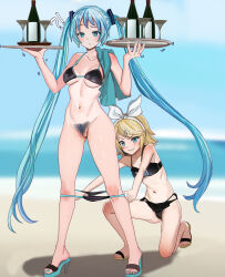 Rule 34 | !?, 2girls, aqua hair, aqua nails, aruman, assisted exposure, beach, bikini, bikini pull, black bikini, blonde hair, blue eyes, blue sky, blurry, blurry background, bottle, bow, breasts, censored, clothes pull, cloud, cocktail glass, colored shoe soles, commentary, cup, drinking glass, female pubic hair, full body, grin, hair bow, hair ornament, hairband, hairclip, hands up, hatsune miku, high heels, highres, holding, holding tray, horizon, kagamine rin, large breasts, long hair, looking down, mosaic censoring, multiple girls, navel, ocean, on one knee, outdoors, paid reward available, presenting another, pubic hair, pulling another&#039;s clothes, pussy, raised eyebrow, sandals, sky, small breasts, smile, standing, swept bangs, swimsuit, towel on one shoulder, tray, trembling, twintails, variant set, very long hair, vocaloid, white bow, white hairband, wine bottle