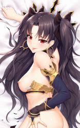 Rule 34 | 1girl, armlet, ass, asymmetrical sleeves, back, bad id, bad pixiv id, bare shoulders, bikini, bikini top only, black bow, black hair, blush, bow, breasts, closed mouth, dakimakura (medium), detached collar, earrings, fate/grand order, fate (series), hair bow, hoop earrings, ishtar (fate), jewelry, long hair, medium breasts, neck ring, nipples, parted bangs, red eyes, shadowgrave, smile, solo, swimsuit, tiara, tongue, tongue out, two side up, uneven sleeves, white bikini