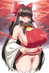Rule 34 | 1girl, absurdres, alternate breast size, armpits, ascot, blush, bow, breasts, brown hair, cho!cho!, clothes lift, covered erect nipples, detached sleeves, female pervert, frilled hair tubes, frills, groin, hair bow, hair tubes, hakurei reimu, half-closed eyes, half updo, highres, huge breasts, japanese clothes, lifting own clothes, long hair, looking at viewer, maebari, miko, navel, ofuda, ofuda on pussy, pervert, red shirt, red skirt, shirt, sideboob, sideless outfit, sidelocks, skirt, skirt lift, smile, solo, stairs, tally, thighhighs, tongue, tongue out, torii, touhou, very long hair, white thighhighs, yellow ascot