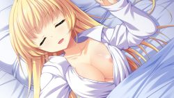 Rule 34 | 1girl, areola slip, bed, blonde hair, breasts, cleavage, drooling, closed eyes, female focus, game cg, kishiu00d7kano, large breasts, long hair, lying, mikado asuha, minatsuki alumi, no bra, open mouth, pillow, sleeping, smile, solo, unbuttoned, under covers