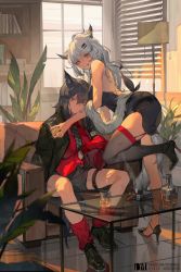 Rule 34 | 2girls, :p, animal ears, arknights, bare shoulders, black dress, black footwear, black hair, black jacket, black legwear, window blinds, blouse, bottle, cigar, closed mouth, couch, cup, dm (dai miao), dress, full body, fur shawl, garter straps, gloves, green eyes, grey hair, hair between eyes, high heels, highres, holding, holding cup, indoors, jacket, jacket on shoulders, lappland (arknights), long hair, long sleeves, multiple girls, nail polish, on couch, own hands clasped, own hands together, plant, red eyes, red gloves, red legwear, red shirt, scar, scar across eye, shawl, shirt, shoes, short shorts, shorts, single thighhigh, sitting, sleeveless, sleeveless dress, socks, standing, standing on one leg, table, tail, texas (arknights), thigh strap, thighhighs, tongue, tongue out, wolf ears, wolf girl, wolf tail