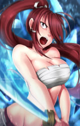 Rule 34 | 1girl, bad id, bad pixiv id, bare shoulders, breasts, brown eyes, budget sarashi, cleavage, erza scarlet, fairy tail, japanese clothes, large breasts, lindaroze, long hair, open mouth, ponytail, red hair, sarashi, screaming, solo, sword, weapon