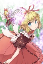 Rule 34 | 1girl, akizuki haruhi, blonde hair, blue eyes, bow, brown shirt, brown skirt, flower, frilled shirt collar, frilled skirt, frilled sleeves, frills, hair bow, hair ribbon, lily of the valley, looking at viewer, medicine melancholy, puffy short sleeves, puffy sleeves, red bow, red ribbon, red shirt, red skirt, ribbon, ribbon-trimmed shirt, ribbon-trimmed skirt, ribbon trim, shirt, short hair, short sleeves, skirt, smile, solo, su-san, touhou, white bow, wings