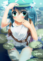 Rule 34 | 1girl, backpack, bag, blue eyes, blue hair, blush, hair bobbles, hair ornament, hat, kawashiro nitori, matching hair/eyes, one-piece swimsuit, partially submerged, ripples, sakitsurumura, school swimsuit, short hair, smile, solo, swimsuit, swimsuit under clothes, touhou, twintails, two side up, water