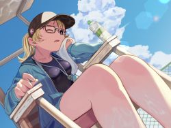 Rule 34 | 1girl, akira tooru, arm rest, bad id, bad pixiv id, baseball cap, black-framed eyewear, blue jacket, blue sky, breasts, cloud, commentary request, competition swimsuit, day, dutch angle, glasses, hat, holding, holding tray, jacket, lens flare, long sleeves, mole, mole under eye, on chair, one-piece swimsuit, one eye closed, open clothes, open jacket, open mouth, original, outdoors, plastic bottle, ponytail, sitting, sky, small breasts, solo, swimsuit, swimsuit under clothes, tray, wiping sweat