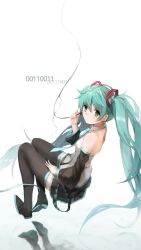 Rule 34 | 1girl, aqua eyes, aqua hair, bad id, bad pixiv id, binary, black footwear, black thighhighs, boots, detached sleeves, from side, full body, hatsune miku, highres, long hair, necktie, skirt, solo, thigh boots, thighhighs, twintails, unitsu, very long hair, vocaloid, white background