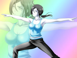 Rule 34 | 1girl, ahoge, armpits, black hair, breasts, capri pants, colored skin, gradient background, highres, large breasts, midriff, multicolored background, nintendo, outstretched arms, pants, ponytail, smile, solo, stretching, super smash bros., tamamon, tank top, white eyes, white skin, wii fit, wii fit trainer, wii fit trainer (female)