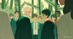 Rule 34 | 1other, 4girls, 5boys, animification, artist name, black hair, blue eyes, character request, dark-skinned male, dark skin, draco malfoy, facing viewer, glasses, green eyes, gryffindor, harry potter, harry potter (series), helen jee, highres, hogwarts school uniform, hooded robe, looking at another, male focus, multiple boys, multiple girls, necktie, outdoors, robe, school uniform, slytherin, striped necktie, tree, wizard, wizarding world