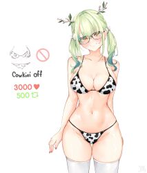 Rule 34 | 1girl, animal print, antlers, bikini, blush, bow, branch, breasts, ceres fauna, cleavage, commentary, cow print, cow print bikini, english commentary, feather hair ornament, feathers, glasses, green hair, hair bow, hair ornament, hair over shoulder, highres, hololive, hololive english, horns, large breasts, long hair, looking at viewer, ma draws, meme, mole, mole under eye, navel, print bikini, smile, solo, swimsuit, thighhighs, twitter strip game (meme), virtual youtuber, white thighhighs, yellow eyes