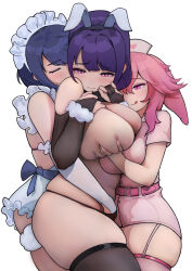 Rule 34 | 3girls, absurdres, animal ears, belt, black gloves, black panties, black thighhighs, blue hair, blush, breasts, cosplay, dress, elbow gloves, embarrassed, fake animal ears, fake tail, fingering, fingering from behind, genshin impact, girl sandwich, gloves, grabbing, grabbing another&#039;s breast, hand in panties, hat, highres, kujou sara, large breasts, licking lips, maid headdress, mole, mole under eye, multiple girls, nurse, nurse cap, panties, partially fingerless gloves, pink belt, pink dress, pink garter straps, pink hair, pink thighhighs, purple eyes, purple hair, rabbit ears, rabbit tail, raiden shogun, sandwiched, short dress, short sleeves, skindentation, tail, tguo, thighhighs, tongue, tongue out, underwear, white background, white gloves, yae miko, yuri