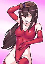 Rule 34 | 1girl, akagi (kancolle), alternate costume, breasts, brown gloves, closed eyes, commentary request, elbow gloves, gloves, gradient background, hai (h81908190), highleg, highleg leotard, highleg swimsuit, kantai collection, leotard, long hair, medium breasts, one-piece swimsuit, partially fingerless gloves, partly fingerless gloves, red background, red leotard, red one-piece swimsuit, red thighhighs, solo, straight hair, swimsuit, thighhighs, yugake