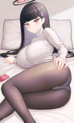 Rule 34 | 1girl, absurdres, ass, black hair, blue archive, blunt bangs, breasts, closed mouth, commentary request, condom box, feet out of frame, hair ornament, hairclip, halo, highres, large breasts, long hair, looking at viewer, lying, on bed, on side, panties, pantyhose, pillow, red eyes, ribbed sweater, rio (blue archive), solo, sweater, thighs, turtleneck, turtleneck sweater, uka (315302627), underwear, white sweater