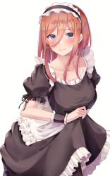 Rule 34 | 1girl, absurdres, blue eyes, blush, breasts, brown hair, clothes lift, collarbone, commentary request, frills, go-toubun no hanayome, hair between eyes, highres, long hair, looking at viewer, maid, maid headdress, nakano miku, puffy sleeves, simple background, smile, solo, white background, yuunamida uyu