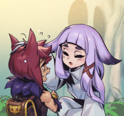 Rule 34 | 1boy, 1girl, animal ears, backpack, bag, blush, character request, flying sweatdrops, fur collar, grass, grey hair, grey kimono, japanese clothes, kimono, league of legends, long hair, long sleeves, mother and son, open mouth, orange eyes, outdoors, phantom ix row, red hair, sett&#039;s mother (league of legends), sett (league of legends), sharp teeth, shiny skin, teeth, upper teeth only, wide sleeves