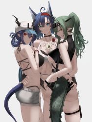 Rule 34 | 3girls, absurdres, ahoge, animal ears, arknights, ass, back, bare arms, bare shoulders, baseball cap, bikini, black bikini, black gloves, blaze (arknights), blue eyes, blue hair, breasts, cat ears, ch&#039;en (arknights), ch'en (arknights), crocodilian tail, dragon horns, dragon tail, female tourist c (arknights), fingerless gloves, gavial (arknights), gloves, green hair, grey shorts, hair between eyes, hair rings, hairband, hat, highleg, highleg bikini, highres, horns, horns through headwear, large breasts, long hair, looking at viewer, multiple girls, navel, nvl, official alternate costume, orange eyes, ponytail, red eyes, short shorts, shorts, simple background, skindentation, smile, stomach, string bikini, swimsuit, tail, thigh strap, thighs, underboob, wet, white background, white headwear