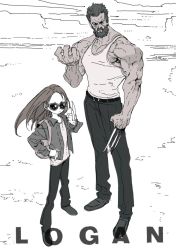 Rule 34 | 1boy, 1girl, animification, backpack, bag, beard, black hair, claws, commentary, copyright name, facial hair, father and daughter, greyscale, height difference, hekoko, jacket, laura kinney, logan (movie), long hair, long sleeves, looking at viewer, manly, marvel, monochrome, muscular, pants, simple background, size difference, sunglasses, wolverine (x-men), x-men