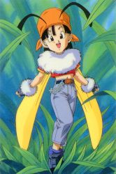 Rule 34 | 1990s (style), 1girl, antennae, bandana, black eyes, black hair, boots, chain, cropped shirt, denim, dragon ball, dragon ball gt, fingerless gloves, full body, gloves, insect wings, jeans, looking at viewer, midriff, navel, official art, open mouth, pan (dragon ball), pants, retro artstyle, scan, short hair, short sleeves, solo, toei animation, wings