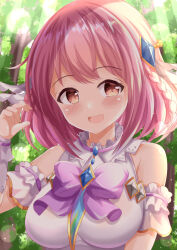 Rule 34 | 1girl, :d, bare shoulders, bow, braid, breasts, brown eyes, commentary request, forest, hair ornament, hand up, highres, hoshizaki akari, large breasts, looking at viewer, nature, ongeki, open mouth, pink hair, purple bow, shirt, sleeveless, sleeveless shirt, smile, solo, tree, upper body, white shirt, xenon (for achieve)