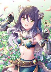 Rule 34 | absurdres, animal ears, armpits, belt, black hair, blush, breasts, cape, cleavage, detached sleeves, fingerless gloves, flower, fur cape, gloves, green eyes, hair between eyes, hair ornament, highres, looking at viewer, multicolored hair, navel, open mouth, petals, princess connect!, shiori (princess connect!), small breasts, streaked hair, tail, tiger ears, tiger tail, tsukachii