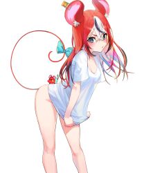 Rule 34 | 1girl, absurdres, animal ears, bare legs, black hair, blush, bow, breasts, cleavage, hair ornament, hakos baelz, highres, hololive, hololive english, medium breasts, mouse ears, mouse tail, multicolored hair, no panties, no pants, red hair, shirt, solo, streaked hair, tail, tenchi mayo, virtual youtuber, white hair, white shirt