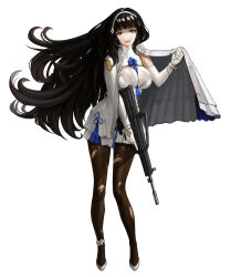 Rule 34 | 1girl, :d, assault rifle, black hair, blunt bangs, breasts, brown pantyhose, bullpup, cape, chronodash, cleavage, dress, fingerless gloves, full body, girls&#039; frontline, gloves, gun, headband, high heels, highres, hime cut, holding, holding gun, holding weapon, large breasts, long hair, looking at viewer, military, military uniform, open mouth, pantyhose, qbz-95, rifle, simple background, smile, solo, torn clothes, torn pantyhose, trigger discipline, type 95 (girls&#039; frontline), uniform, very long hair, weapon, white background, white cape, white dress, white footwear, white gloves, yellow eyes