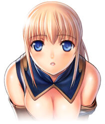 Rule 34 | 1girl, archived source, adventurer (ff11), bare shoulders, blonde hair, blue eyes, blue pupils, breasts, cleavage, crossed bangs, final fantasy, final fantasy xi, hair between eyes, hume, medium breasts, parted lips, pink lips, short hair, simple background, solo, taisai soft, upper body, white background