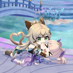 Rule 34 | &gt; &lt;, 2girls, :3, absurdres, ahoge, all fours, biting, blonde hair, blunt bangs, blush stickers, bow-shaped hair, cat tail, chibi, chinese commentary, closed eyes, commentary request, dd che shen, detached sleeves, genshin impact, gloves, gradient hair, green eyes, hair between eyes, hair ornament, heart, heart tail, highres, hug, kirara (genshin impact), light brown hair, long hair, long sleeves, lying, lying on person, multicolored hair, multiple girls, ocean, open mouth, pink hair, pixiv username, ponytail, sangonomiya kokomi, sidelocks, smile, tail, thighhighs, white gloves, wide sleeves