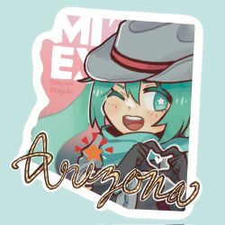 Rule 34 | 1girl, arizona (state), artist name, black gloves, blue eyes, blue scarf, commentary, cowboy hat, english commentary, gloves, grey hat, hair between eyes, hat, hatsune miku, hatsune miku expo, heart, heart hands, highres, long hair, looking at viewer, medium bangs, olive (tinytaiyaki), one eye closed, open mouth, place name, round teeth, scarf, smile, solo, star-shaped pupils, star (symbol), symbol-shaped pupils, teeth, upper body, upper teeth only, vocaloid