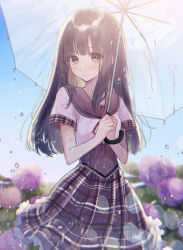 Rule 34 | 1girl, blush, breasts, brown eyes, brown hair, brown sailor collar, brown skirt, closed mouth, commentary request, day, flower, frilled skirt, frills, hands up, high-waist skirt, highres, holding, holding umbrella, hydrangea, long hair, looking at viewer, neck ribbon, necojishi, original, outdoors, pink flower, plaid, plaid skirt, purple flower, rain, red ribbon, ribbon, sailor collar, school uniform, serafuku, short sleeves, skirt, small breasts, smile, solo, standing, transparent, transparent umbrella, umbrella