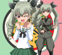 1girl anchovy_(girls_und_panzer) anzio_military_uniform anzio_school_uniform artist_request black_necktie black_ribbon breasts clenched_hands collarbone collared_shirt drill_hair food girls_und_panzer green_hair green_skirt hair_ribbon happy holding holding_pointer italian_flag light_blush long_hair long_sleeves miniskirt multiple_views necktie one_eye_closed open_mouth partially_unbuttoned partially_undressed pizza pointer ribbon school_uniform shirt skirt smile twin_drills twintails undone_necktie white_shirt wink