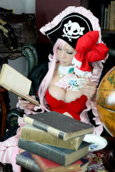 Rule 34 | 1girl, book, breasts, captain liliana, captain liliana (cosplay), chouzuki maryou, cosplay, hat, highres, large breasts, photo (medium), pink hair, pirate, pirate hat, plump, purple eyes, queen&#039;s blade, queen&#039;s blade rebellion