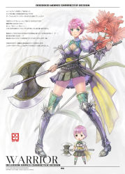 Rule 34 | armor, axe, boots, breasts, chibi, cleavage, docoi, dual persona, flower, green eyes, original, panties, pantyshot, pink hair, skirt, thigh boots, thighhighs, underwear, warrior, weapon