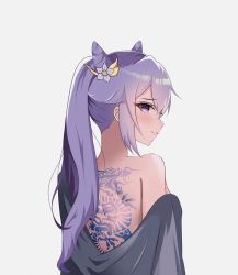 Rule 34 | 1girl, awuwyn, back tattoo, bare shoulders, blush, cone hair bun, dragon tattoo, from behind, genshin impact, hair between eyes, hair bun, hair ornament, highres, japanese clothes, keqing (genshin impact), kimono, long hair, looking at viewer, looking back, parted lips, purple eyes, purple hair, smile, solo, tattoo, teeth, twintails, white background