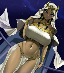 Rule 34 | 1girl, amano cigusa, bare shoulders, black hair, blue eyes, bracelet, breasts, closed mouth, collarbone, commentary, curvy, dark-skinned female, dark skin, egyptian, egyptian clothes, english commentary, eye of horus, forehead jewel, hair tubes, hand up, highres, huge breasts, ishizu ishtar, jewelry, long hair, looking at viewer, millennium necklace, navel, night, night sky, o-ring, parted bangs, pelvic curtain, signature, sky, solo, stomach, thick thighs, thighs, veil, wide hips, yu-gi-oh!, yu-gi-oh! duel monsters