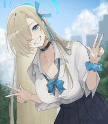 Rule 34 | 1girl, asuna (blue archive), blue archive, blue eyes, bow, bowtie, highres, light brown hair, long hair, looking at viewer, outdoors, shirt, solo, white shirt, yukihira makoto