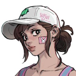 Rule 34 | 1girl, alternate hairstyle, bandaid, bandaid on cheek, bandaid on face, baseball cap, black eyes, brown hair, collarbone, commentary, d.va (overwatch), english commentary, folded ponytail, friendly mutton chops, hat, lips, looking at viewer, nose, official alternate costume, overwatch, overwatch 1, portrait, shooting star d.va, short hair, sleeveless, solo, suisui again, tank top, twitter username