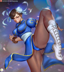 Rule 34 | 1girl, boots, bracelet, brown hair, bun cover, chinese clothes, chun-li, didi esmeralda, double bun, fighting stance, gluteal fold, jewelry, leg lift, looking at viewer, panties, pantyhose, pantyshot, puffy short sleeves, puffy sleeves, short sleeves, solo, spiked bracelet, spikes, street fighter, thick thighs, thighs, toned, underwear, white footwear