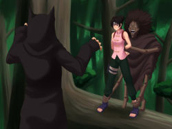 Rule 34 | 1girl, angry, arms behind back, black hair, clenched teeth, holding another&#039;s wrist, imminent rape, kankuro, konoha no okite, maku (l-u), naruto, naruto (series), outdoors, restrained, standing, teeth, tenten (naruto), toes, tree, you gonna get raped