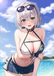 Rule 34 | 1girl, breasts, cleavage, green eyes, grey hair, highres, hololive, kotone neruneru, large breasts, looking at viewer, open mouth, shirogane noel, shirogane noel (summer 2020), short hair, smile, solo, swimsuit, virtual youtuber