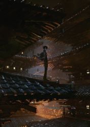 Rule 34 | 1boy, black hair, building, commentary request, glowing, highres, jacket, male focus, night, night sky, on roof, original, outdoors, rain, rounin (amuza), short hair, sky, solo, standing, wet