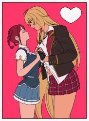 Rule 34 | 2girls, blonde hair, braid, cat hair ornament, closed eyes, couple, dark-skinned female, dark skin, gyaru, hair ornament, height difference, holding hands, long hair, looking at another, loose necktie, multiple girls, necktie, pursed lips, red hair, shikishima mirei, short twintails, simple background, size difference, somniloquy 8, tokonome mamori, twin braids, twintails, valkyrie drive, valkyrie drive -mermaid-, wife and wife, yuri