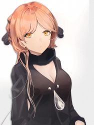 Rule 34 | 1girl, bad id, bad pixiv id, black jacket, black ribbon, black scarf, blonde hair, breasts, cleavage, closed mouth, commission, girls&#039; frontline, hair ornament, hair ribbon, highres, jacket, long hair, looking at viewer, medium breasts, ots-14 (girls&#039; frontline), ribbon, scarf, solo, soranagi (una123), upper body, white background, yellow eyes