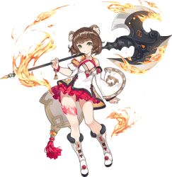 Rule 34 | 1girl, animal ear fluff, animal ears, ark order, asymmetrical sleeves, axe, bare shoulders, boots, breasts, brown hair, chinese clothes, cleavage, cleavage cutout, clothing cutout, detached sleeves, fire, fur-trimmed boots, fur trim, green eyes, hinezumi (ark order), holding, holding axe, leg tattoo, long sleeves, looking at viewer, mismatched sleeves, mouse ears, official art, puffy short sleeves, puffy sleeves, red skirt, reisun001, shirt, short hair, short sleeves, skirt, smile, solo, tachi-e, tattoo, transparent background, white footwear, white shirt