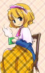 Rule 34 | 1girl, alice margatroid, ascot, blanket, blonde hair, blue eyes, capelet, cup, from side, mug, plaid, plaid background, sitting, sketch, solo, steam, tona (nekotte), touhou