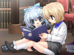 Rule 34 | 1boy, 1girl, :d, aged down, ashe (under the moon), blonde hair, blue eyes, blue hair, book, child, game cg, open book, open mouth, shorts, sitting, smile, socks, toujou sakana, unan, under the moon, white hair