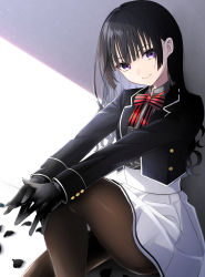 Rule 34 | 1girl, absurdres, black gloves, black hair, black jacket, blazer, bow, brown pantyhose, closed mouth, collared shirt, commentary request, dress shirt, gloves, grey shirt, highres, inugami reon, jacket, kishuku gakkou no juliet, knee up, long hair, looking at viewer, natsupa, open clothes, open jacket, outstretched arms, pantyhose, petals, pleated skirt, purple eyes, red bow, school uniform, shirt, sitting, skirt, smile, solo, striped, striped bow, very long hair, white skirt