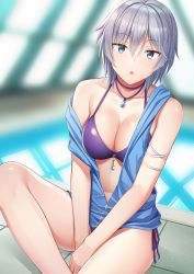 Rule 34 | 1girl, anastasia (idolmaster), armband, bad id, bad twitter id, bare shoulders, between legs, bikini, bikini under clothes, blue eyes, blue vest, blurry, blurry background, breasts, cleavage, collarbone, commentary request, eyelashes, hair between eyes, hand between legs, idolmaster, idolmaster cinderella girls, indoors, jewelry, knee up, medium breasts, navel, necklace, off shoulder, open clothes, open mouth, open vest, pendant, pool, purple bikini, rei no pool, short hair, side-tie bikini bottom, silver hair, sitting, solo, swimsuit, thighs, umihotaru harumare, vest, water, zipper, zipper pull tab