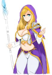 1girl blonde_hair blue_eyes breasts cleavage crystal_maiden female_focus hood jaina_proudmoore long_hair medium_breasts midriff saruton simple_background solo staff thighs warcraft white_background